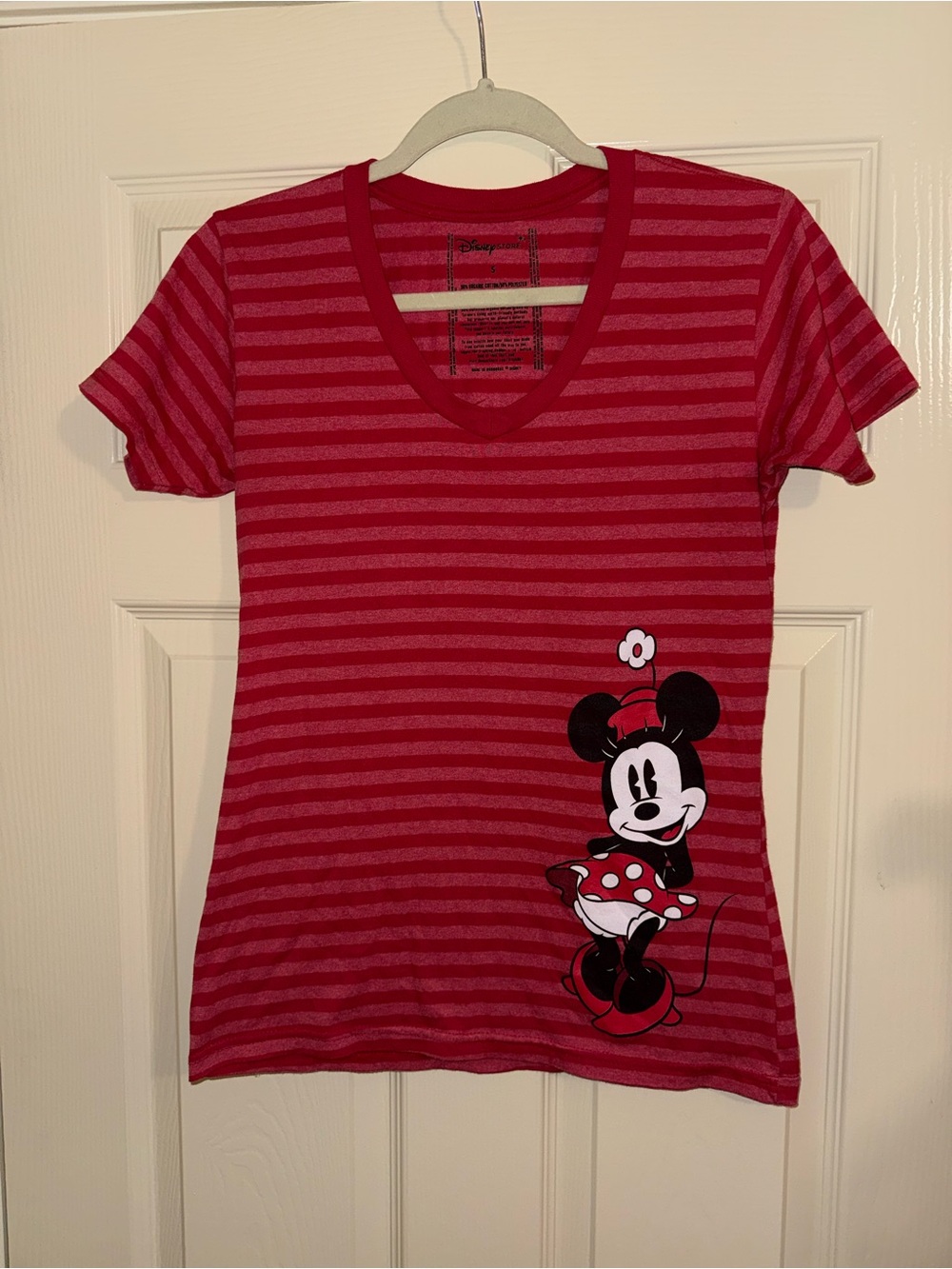 Disney Pink and Red Striped Minnie Mouse V-Neck Tee